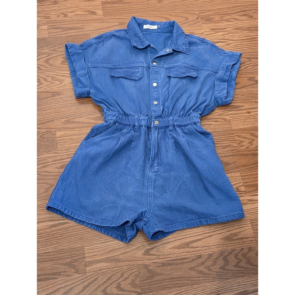 Idem Ditto Womens Denim Romper Medium Wash Blue Elastic Waist Utility Size M